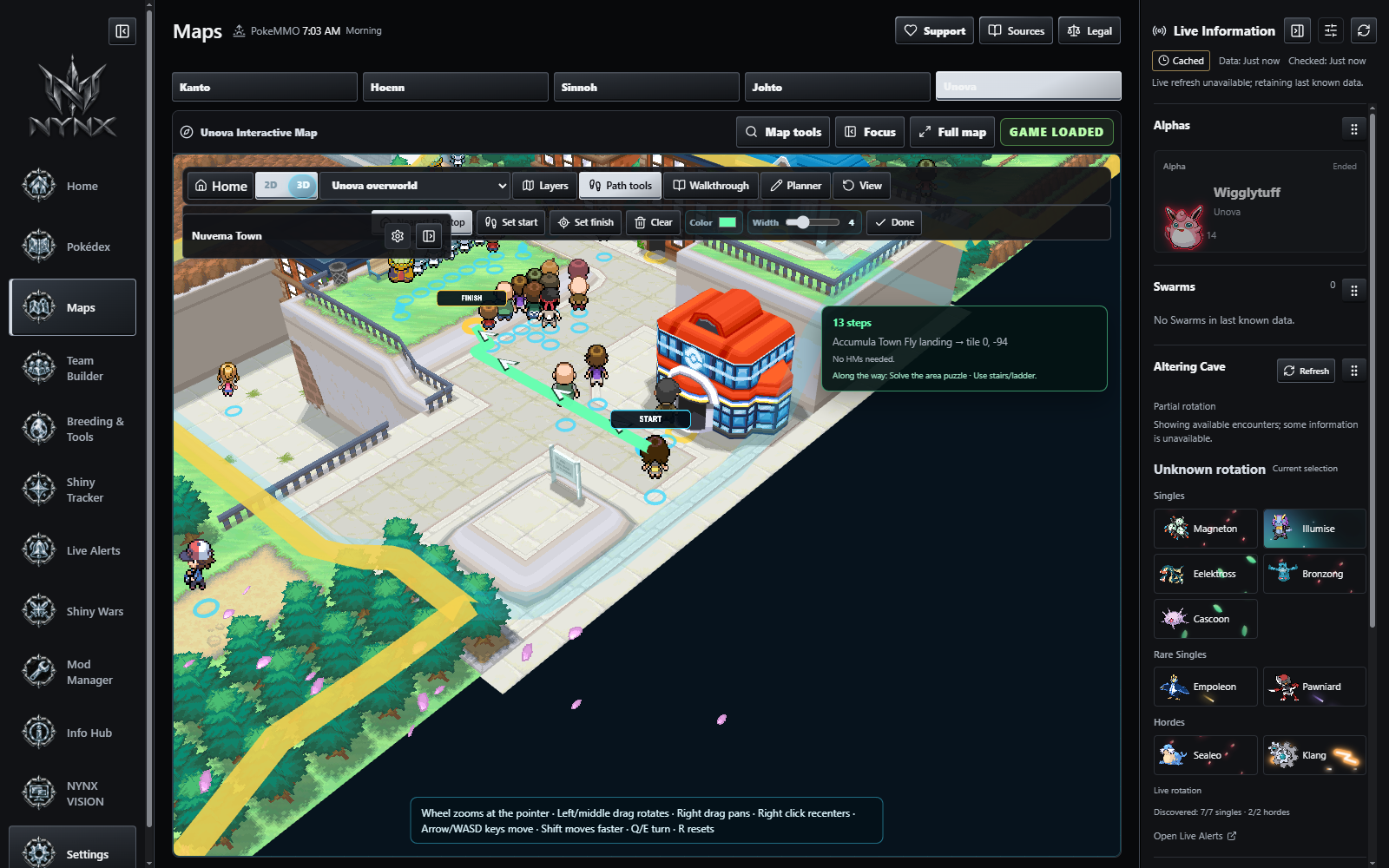 Nynx Unova interactive map with ground-following route directions